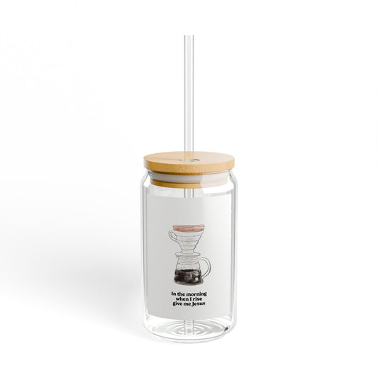 Pour-Over Coffee Sipper Glass with Bamboo Lid – 16oz Reusable Straw Tumbler