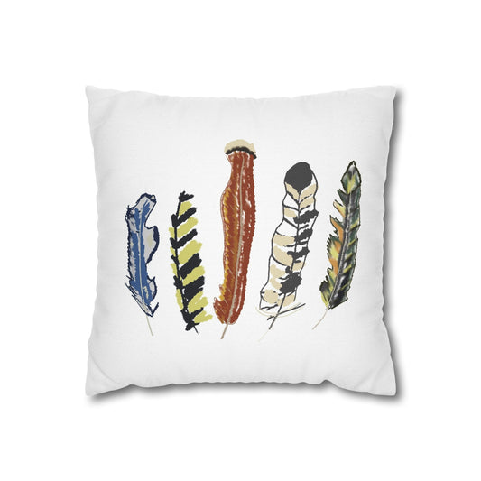 Feather Art Pillowcase — Hand-Drawn Boho Feathers Square Throw Pillow